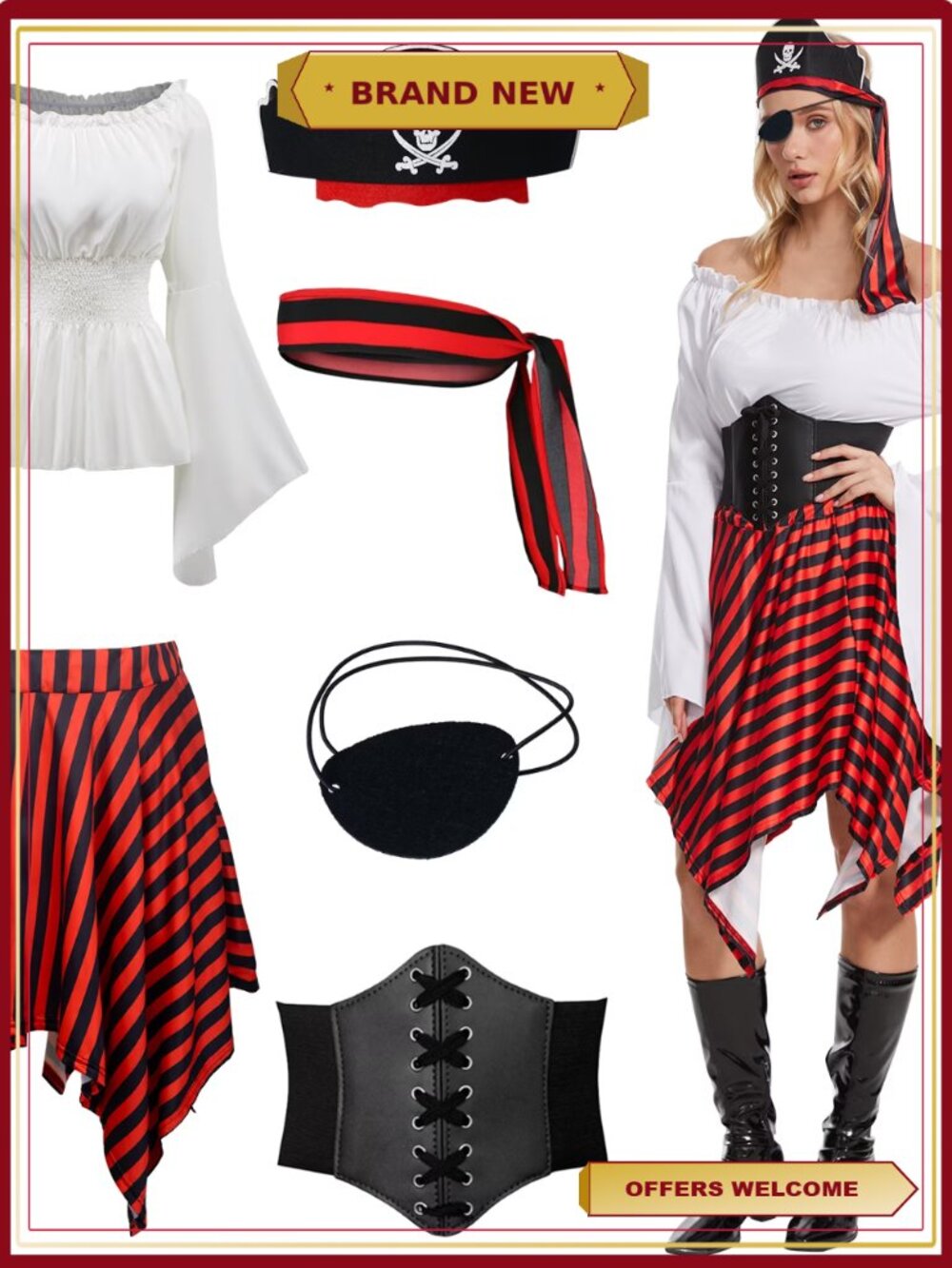 Women's Pirate Costume Set Renaissance Shirt Dress with Headband Eye Patch Hat